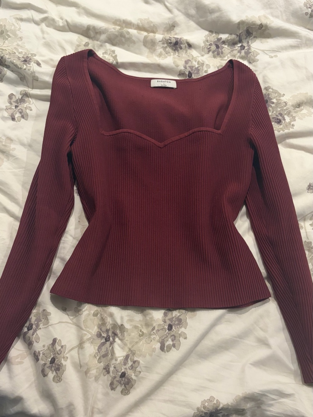 Babaton Burgundy Ribbed Sweetheart Long-Sleeve Top